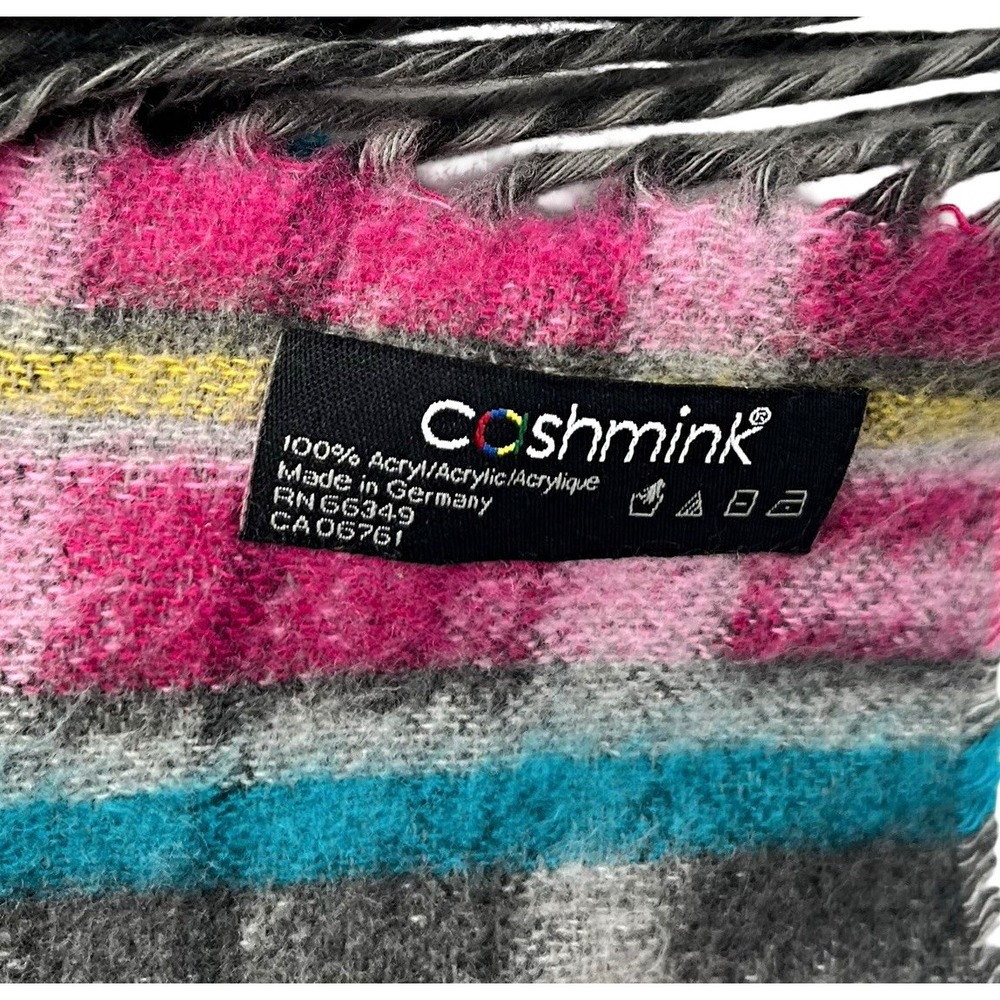 Cashmink Plaid Scarf 70" Gray Pink Teal Fringe Oversized Wrap Shawl Germany
